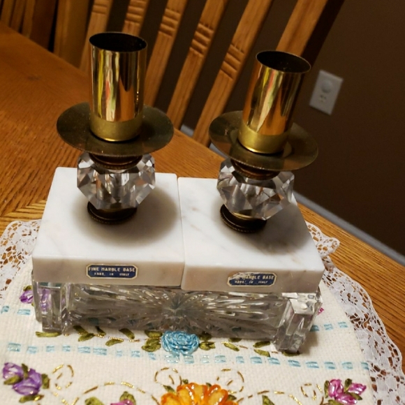 Vintage Set of 2 BRASS MARBLE Candlesticks Holder - Picture 1 of 9